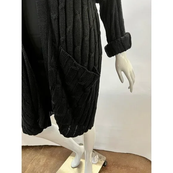 Eskandar Black Cable Knit Long Cardigan Sweater Open Front With Pockets Womens 1